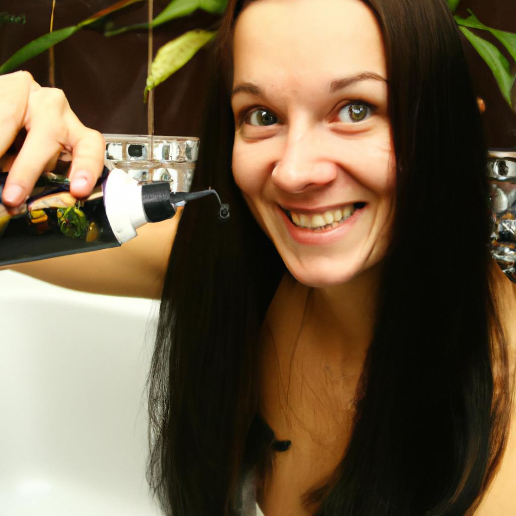 Person applying herbal shampoo, smiling