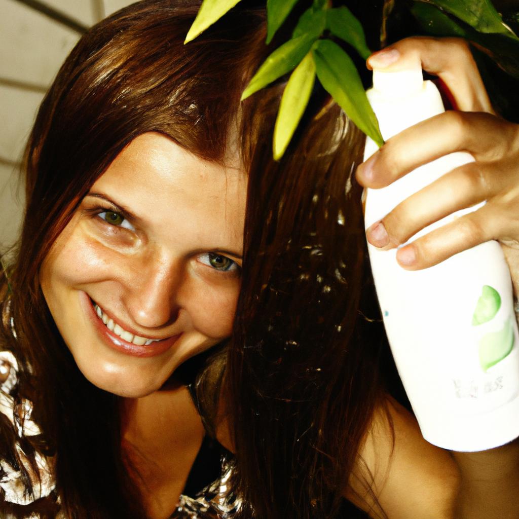 Person applying herbal shampoo, smiling